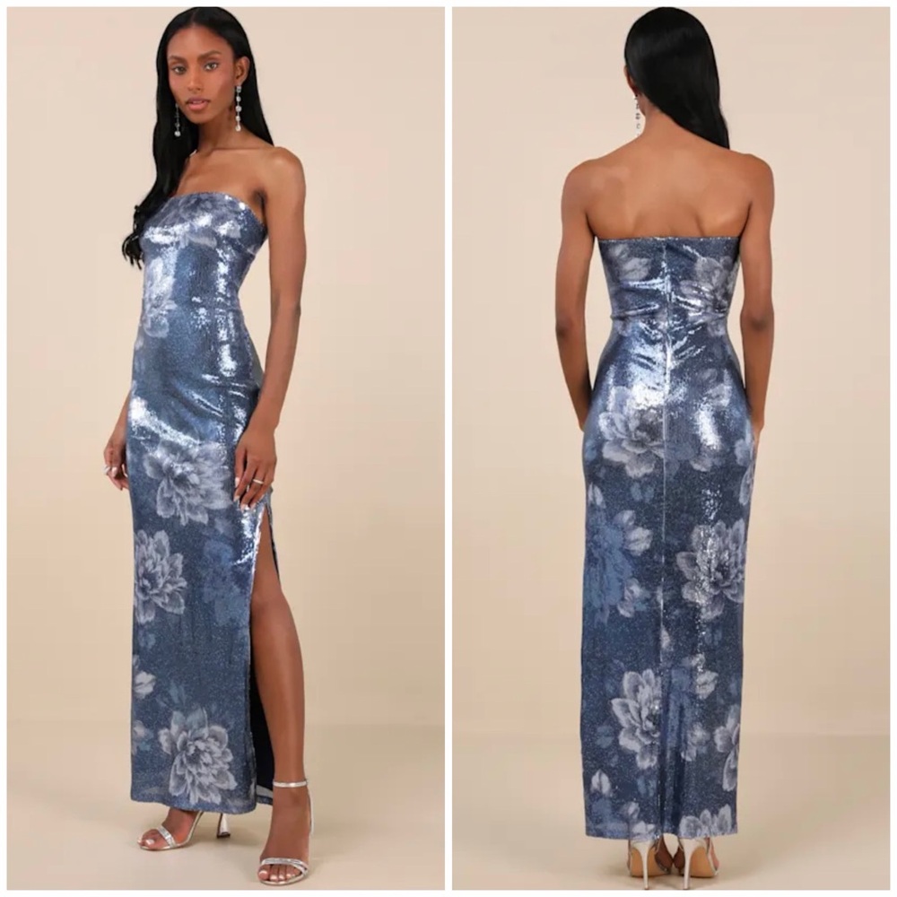 NWT Lulus Glowing Wonder Blue Floral Sequin Strapless Maxi Dress Large Blue